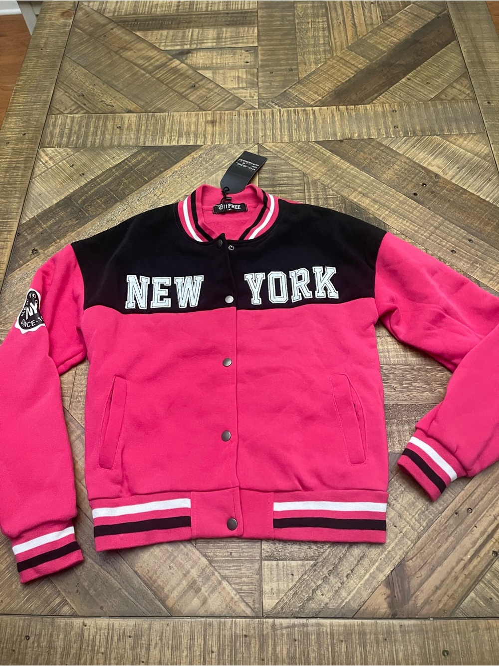 NWT B Free Women's "New York" Varsity Bomber Jacket - Fuschia / Black - Size M